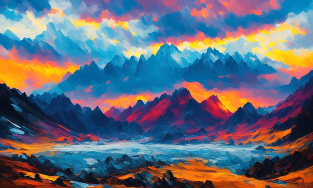 A painting of mountains with the sky in the background