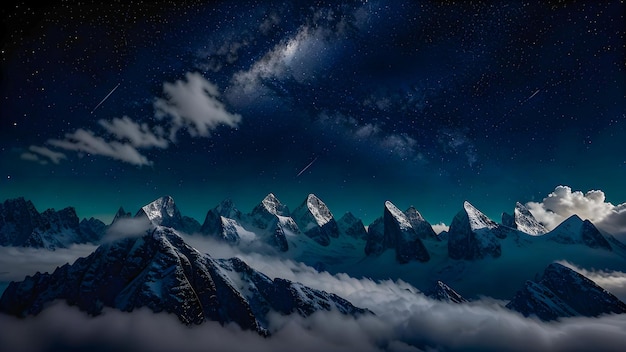 A painting of mountains with a starry sky and a starry sky