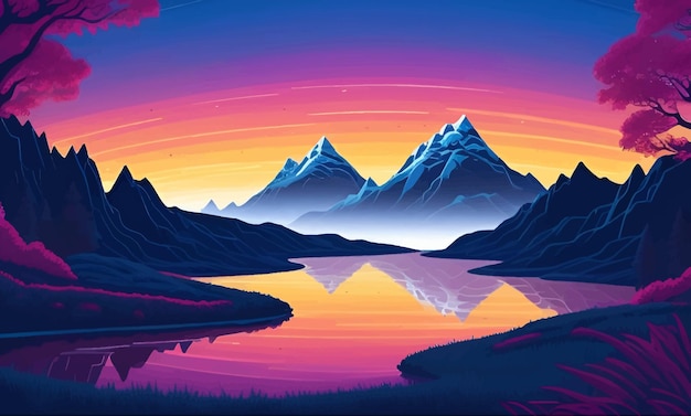 a painting of mountains with a sunset in the background