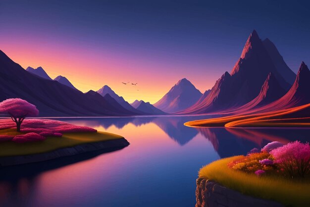 a painting of mountains with a sunset in the background