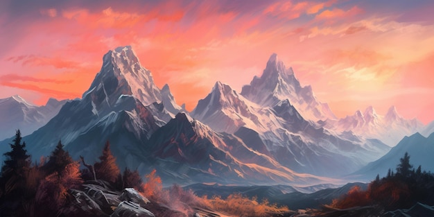 A painting of mountains with a sunset in the background