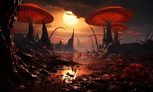 a painting of a mushroom forest with a red glow on the background