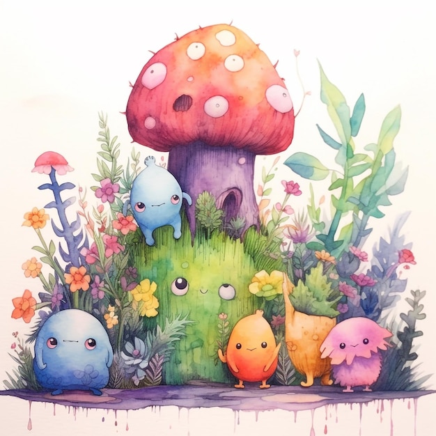 A painting of a mushroom house with a group of cats on it.