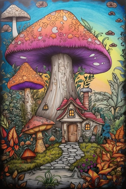 A painting of a mushroom house with a mushroom house on the bottom.