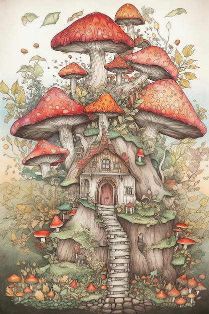 A painting of a mushroom house with a mushroom house on the top.