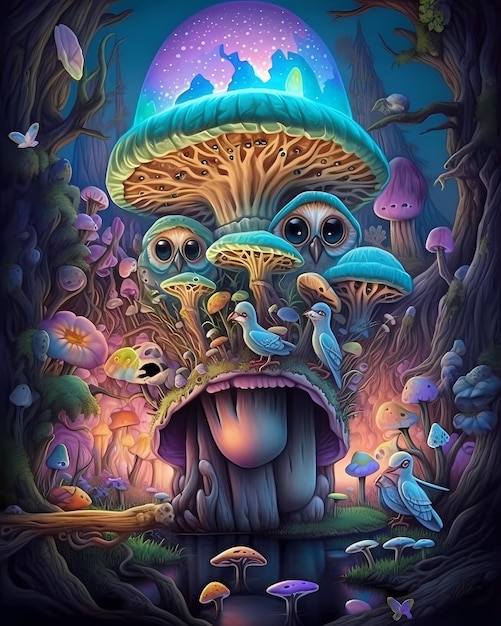 A painting of a mushroom with a face and a big mouth