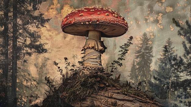 a painting of a mushroom with a mushroom on it