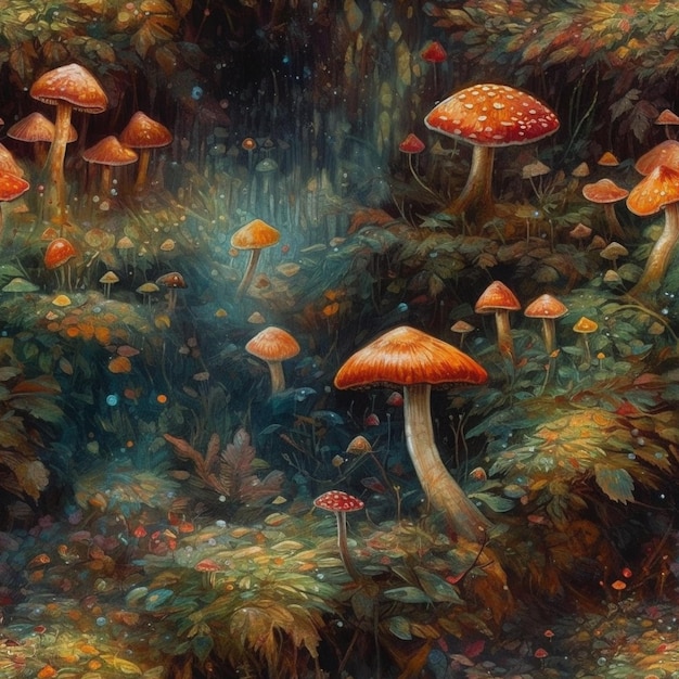 A painting of mushrooms in a forest with a blue background