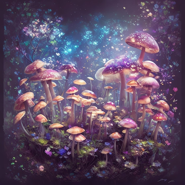 A painting of mushrooms in a forest with a blue background.