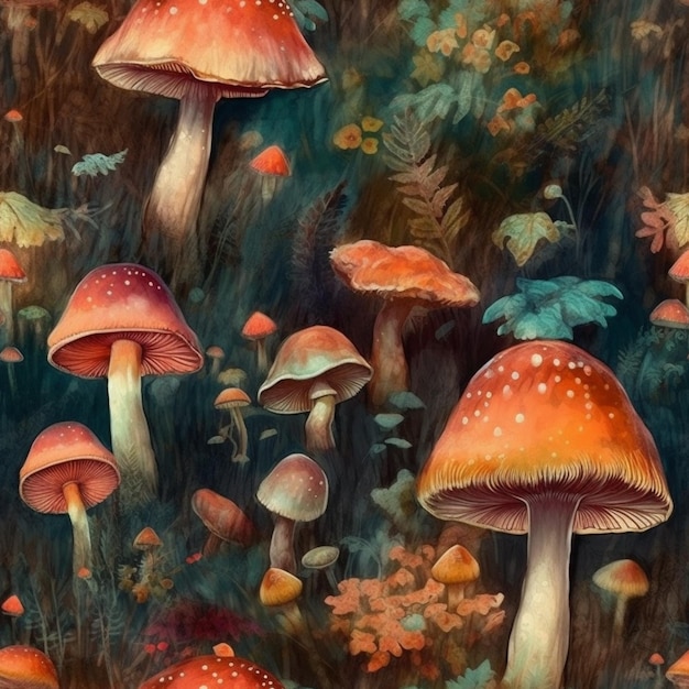 A painting of mushrooms in the forest with the words'mushroom'on the bottom.