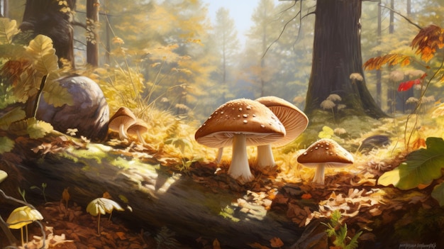 A painting of mushrooms in a forest