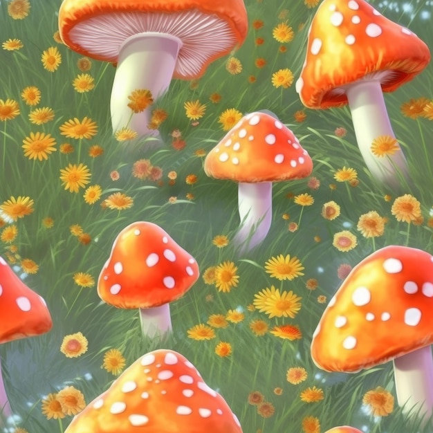 A painting of mushrooms in the grass with yellow flowers.