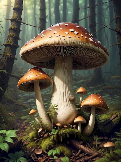 a painting of mushrooms and moss growing in a forest