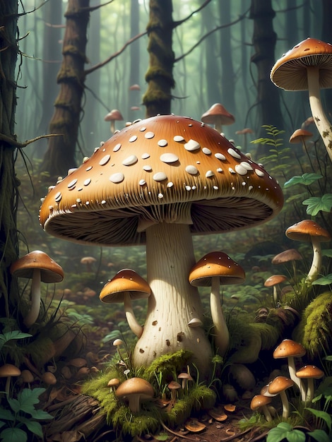 a painting of mushrooms and moss growing in a forest