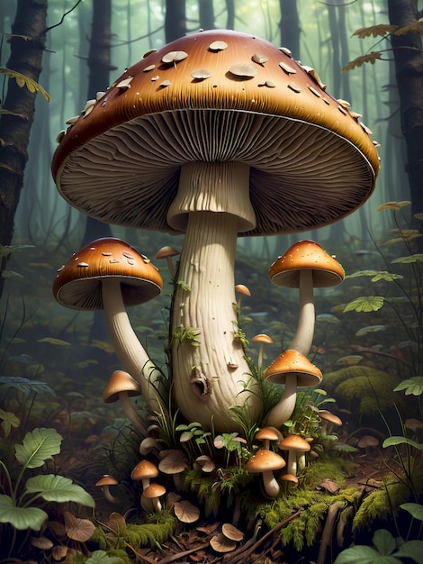 a painting of mushrooms and moss growing in a forest