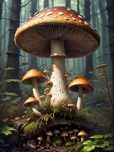 a painting of mushrooms and moss growing in a forest