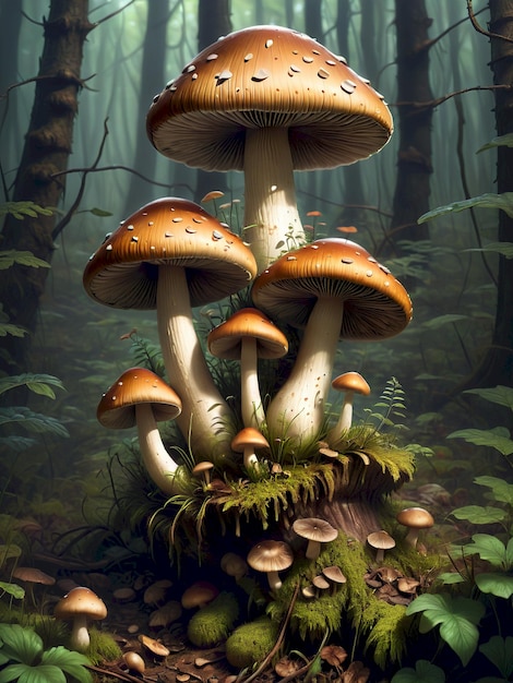 a painting of mushrooms and moss growing in a forest