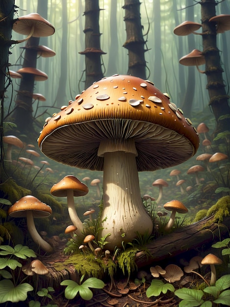 a painting of mushrooms and moss growing in a forest