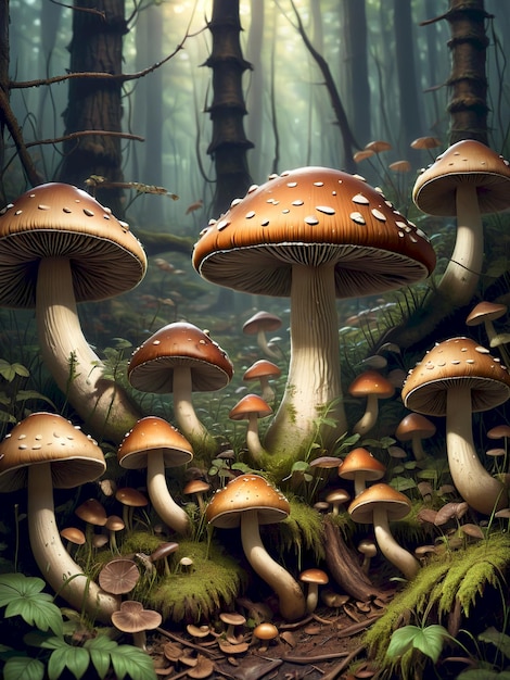 a painting of mushrooms and moss growing in a forest