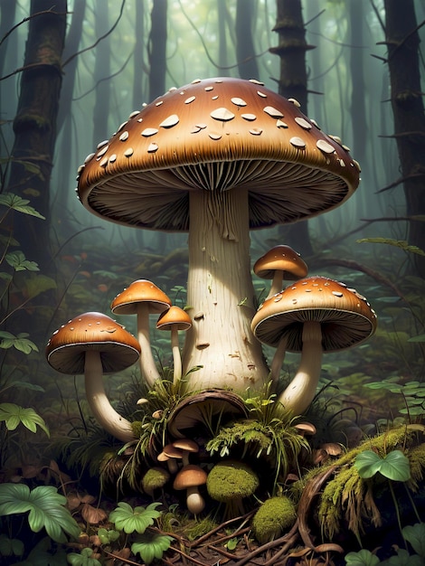 a painting of mushrooms and moss growing in a forest