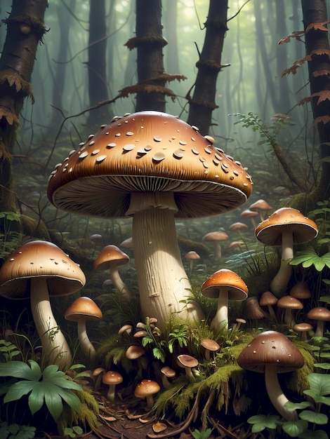 a painting of mushrooms and moss growing in a forest