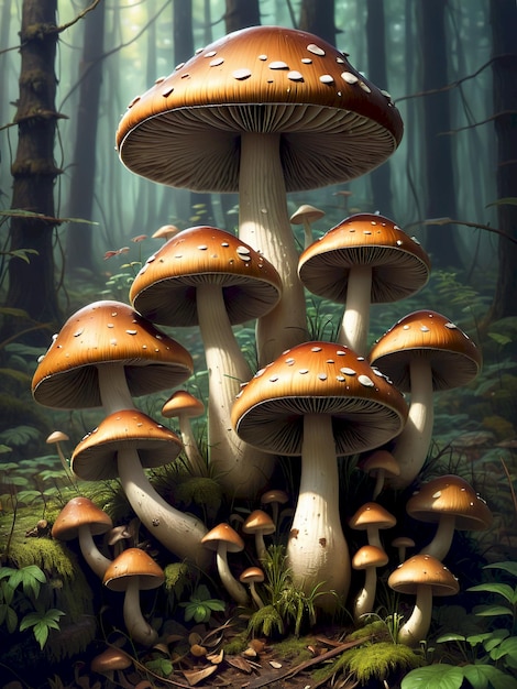 a painting of mushrooms and moss growing in a forest