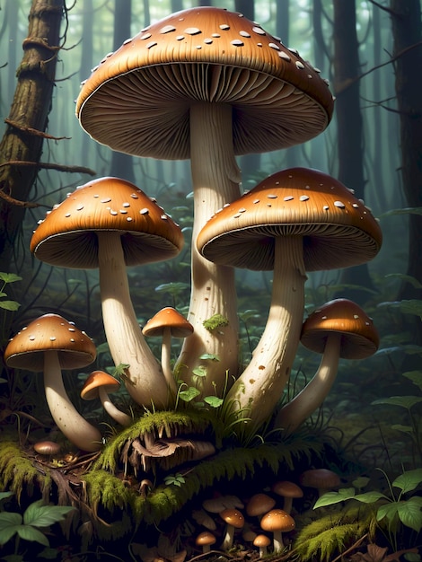 a painting of mushrooms and moss growing in a forest