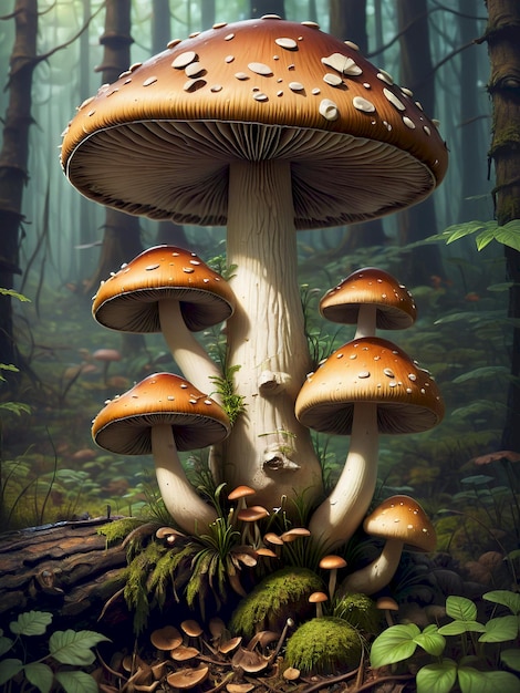 a painting of mushrooms and moss growing in a forest