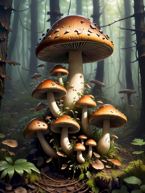 a painting of mushrooms and moss growing in a forest