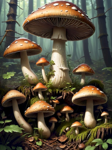 a painting of mushrooms and moss growing in a forest