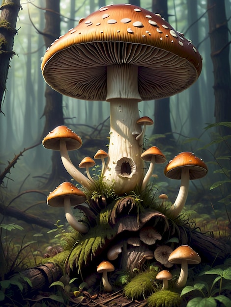 a painting of mushrooms and moss growing in a forest