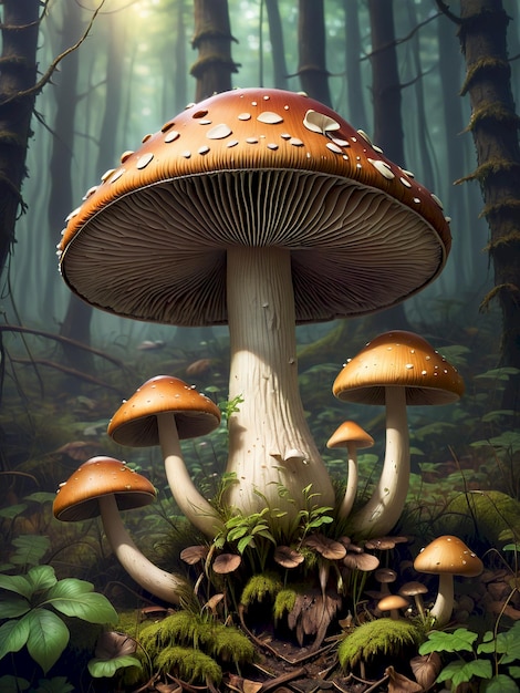 a painting of mushrooms and moss growing in a forest