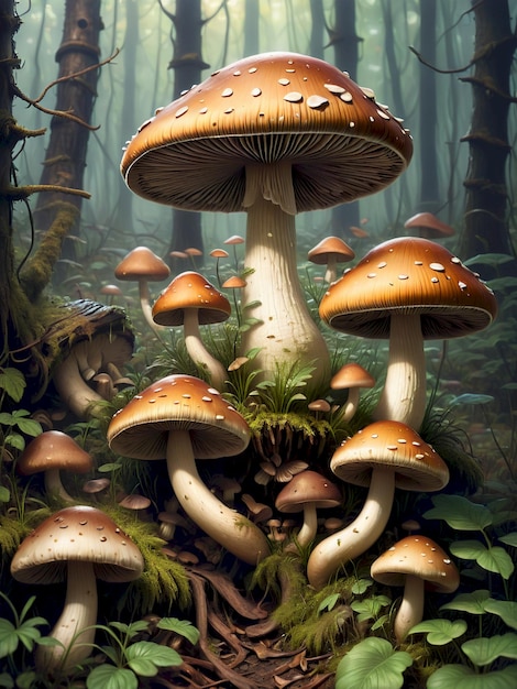 a painting of mushrooms and moss growing in a forest