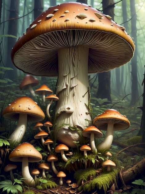 a painting of mushrooms and moss growing in a forest