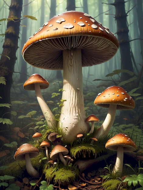 a painting of mushrooms and moss growing in a forest