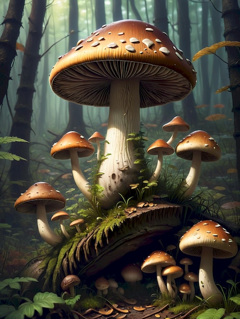 a painting of mushrooms and moss growing in a forest