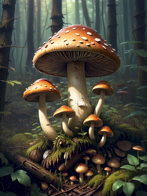 a painting of mushrooms and moss growing in a forest