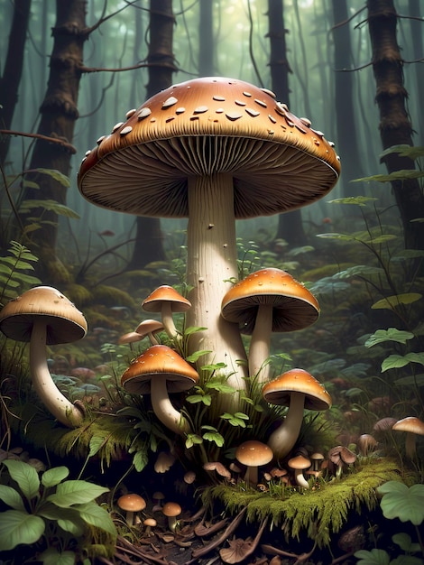 a painting of mushrooms and moss growing in a forest