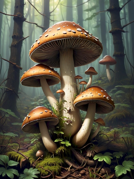 a painting of mushrooms and moss growing in a forest