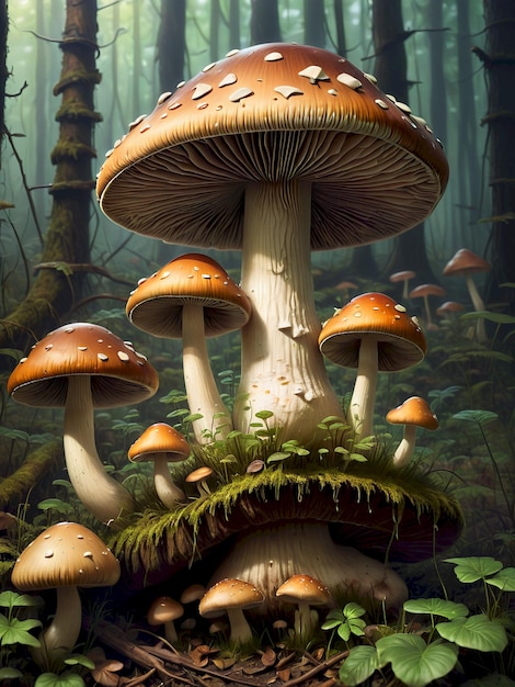 a painting of mushrooms and moss growing in a forest