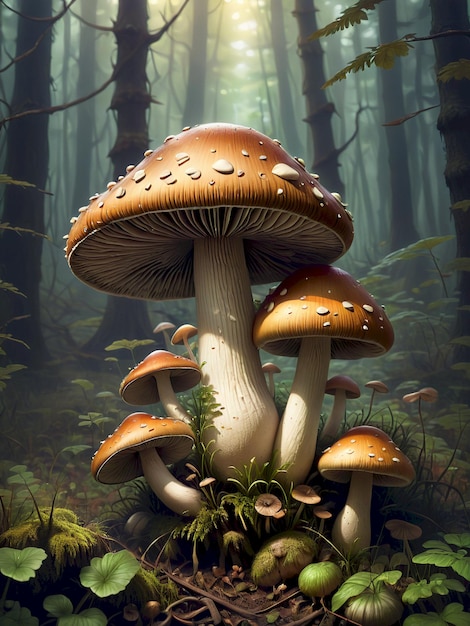 a painting of mushrooms and moss growing in a forest