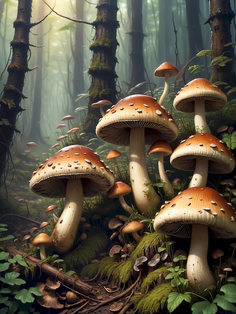 a painting of mushrooms and moss growing in a forest