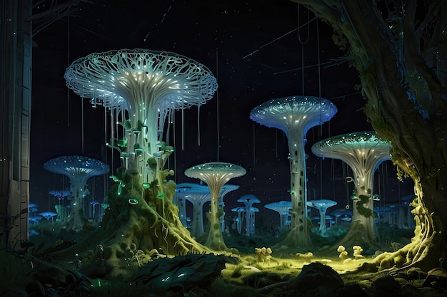 a painting of mushrooms and mossy mushrooms in a dark room