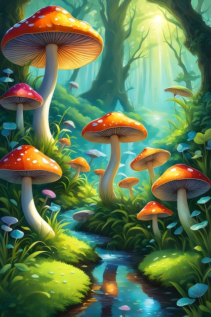 painting of mushrooms and mossy trees with a stream running through it