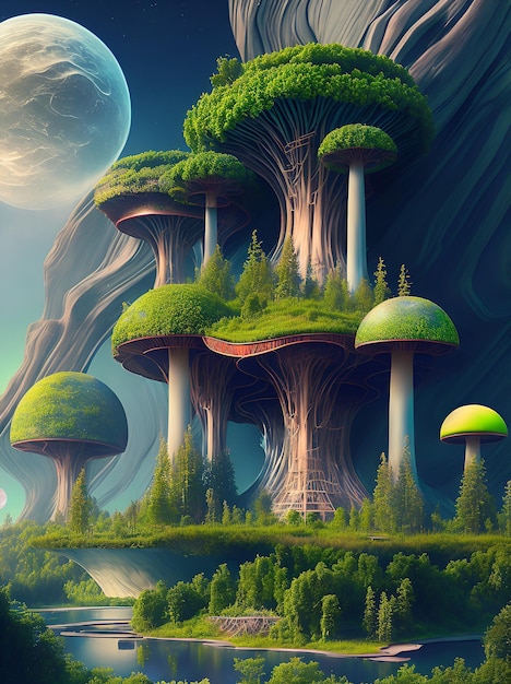 A painting of mushrooms and a planet with a moon in the background