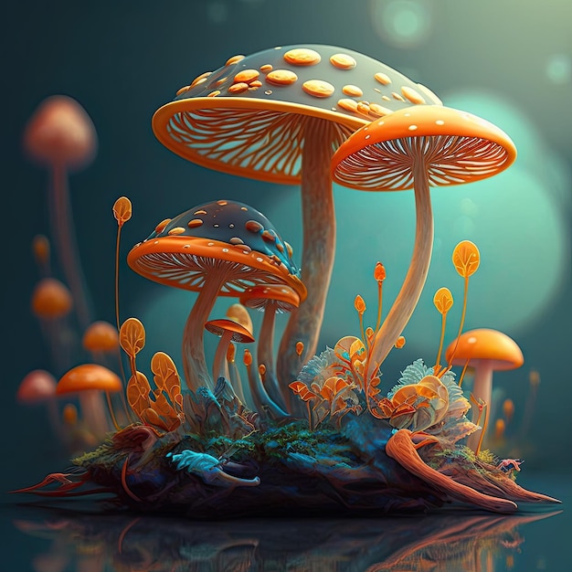 A painting of mushrooms with a blue background and a blue background.