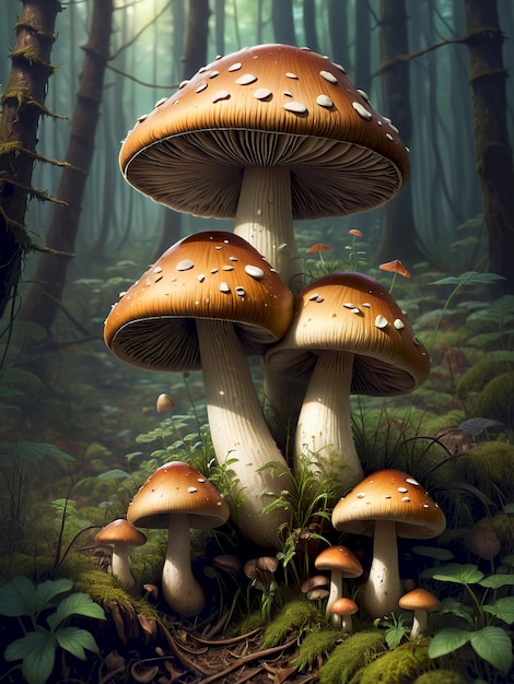 a painting of mushrooms with a forest background and a fish tank