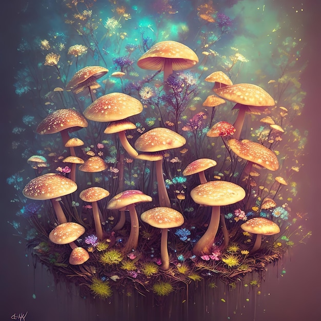 A painting of mushrooms with the word " on it "