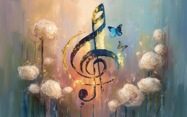 a painting of a musical instrument with butterflies and flowers