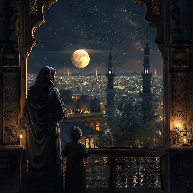 Painting of muslim woman with beautiful mosque and starry night background